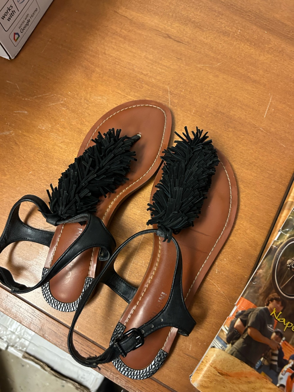 Gianni Bini Women’s Black Fringe Toe-Post Sandals in Black, Blue & Orange Trio